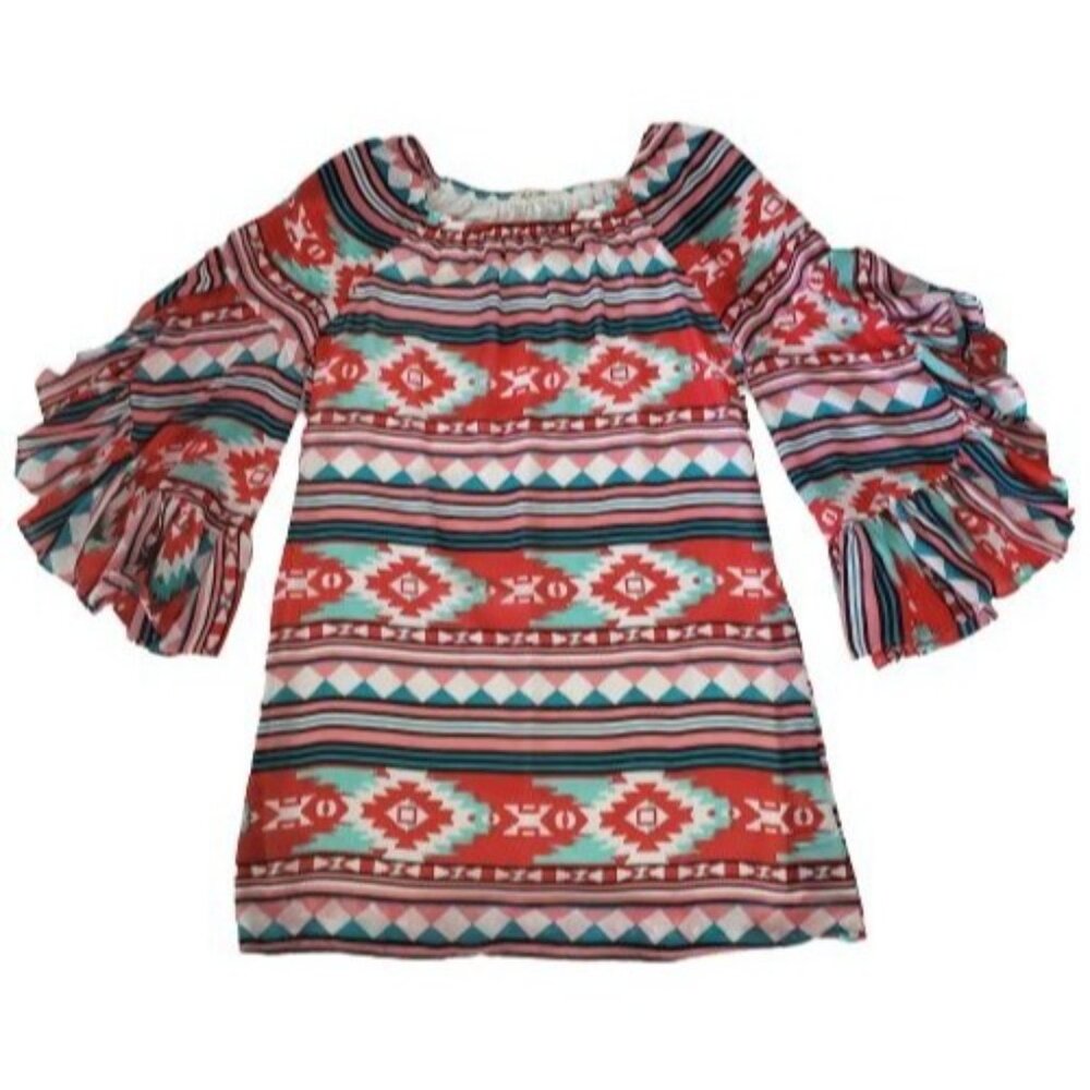 Rachel Kate Women's Aztec Print Ruffled Sleeve‎ Dress Red/Blue/Multi Size Medium - Picture 2 of 9